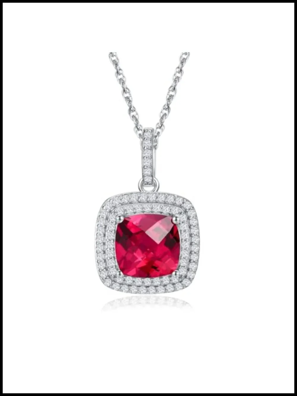925 Sterling Silver Cushion Cut Ruby Halo Pendant Necklace